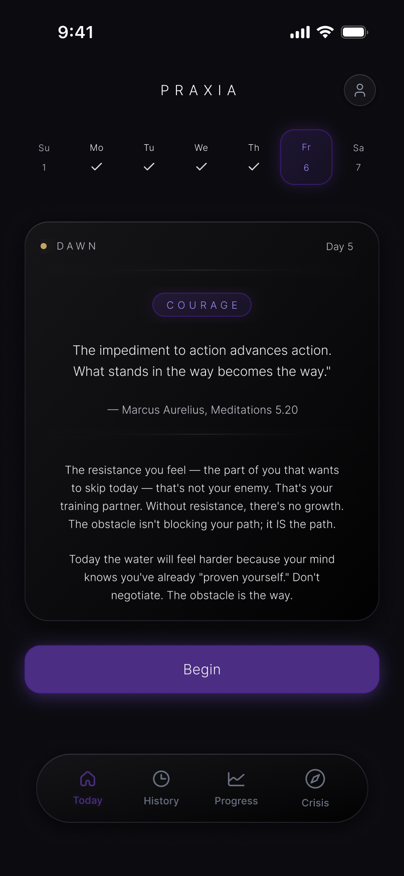 PRAXIA app home screen